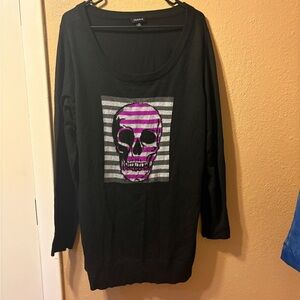 Black Off-the-Shoulder Sweater with Pink Skull Design